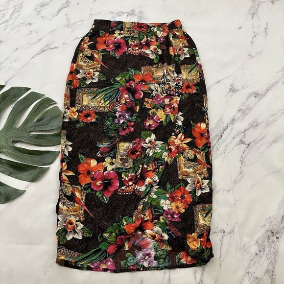 Unbranded Dresses & Skirts - Womens Vintage Wrap Midi Skirt Size M Orange Pink Tropical Floral Parrots Tiki